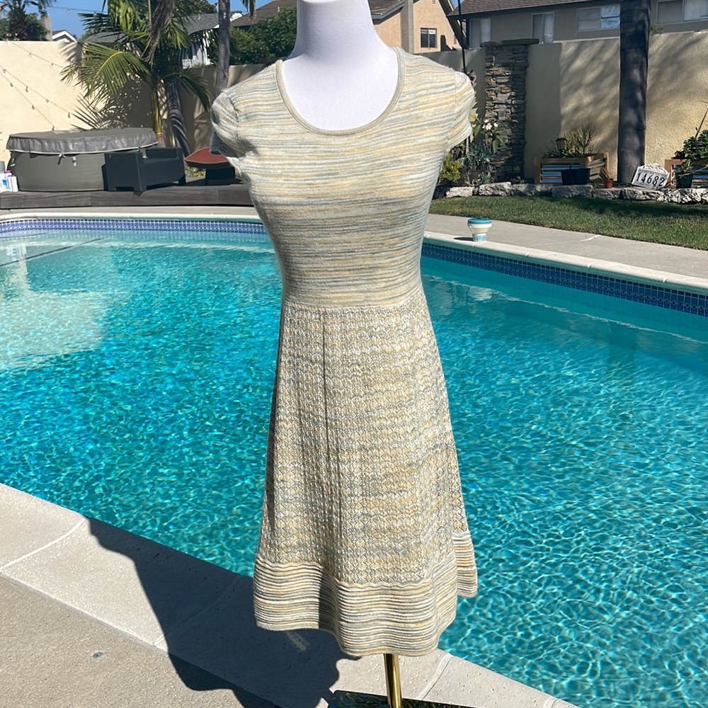 Cynthia Rowley | Knit, short sleeve, green and yellow dress | Sz XS